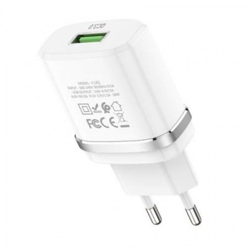 Зарядное устройство Hoco C12Q QC3.0 3А USB + кабель Type C, белое