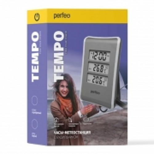 Метеостанция Perfeo PF-S3316E Tempo с часами и будильником, серебристая (PF_C3572)