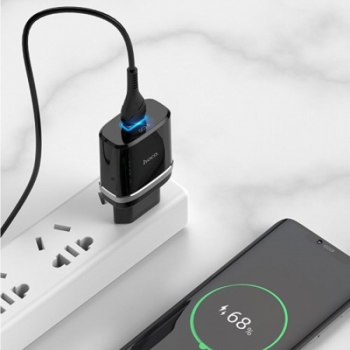 Зарядное устройство Hoco C12Q QC3.0 3А USB + кабель microUSB, черное