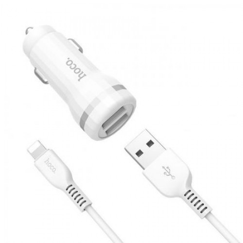 Зарядное автомобильное устройство Hoco Z27 2.4A 2xUSB + кабель Lightning, белое