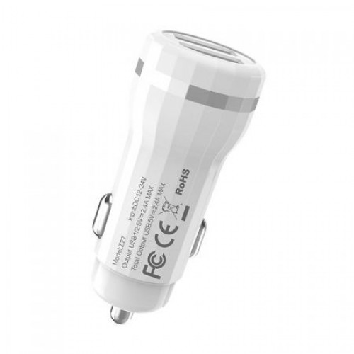Зарядное автомобильное устройство Hoco Z27 2.4A 2xUSB + кабель Lightning, белое