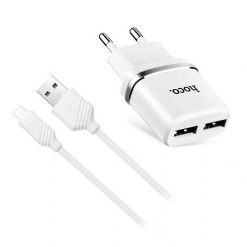 Зарядное устройство Hoco C12 Dual 2.4А 2xUSB + кабель microUSB, белое