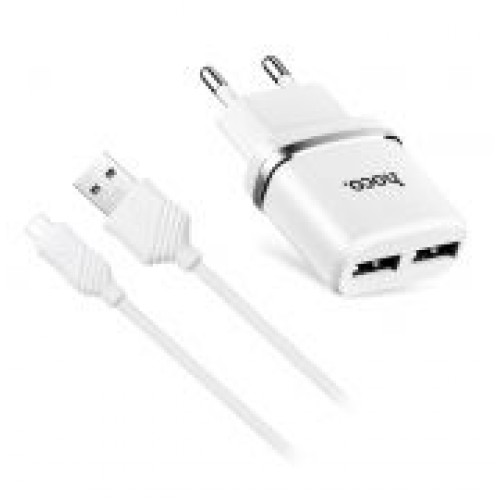 Зарядное устройство Hoco C12 Dual 2.4А 2xUSB + кабель microUSB, белое