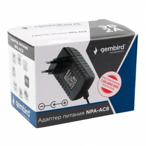 Адаптер питания Gembird NPA-AC8, 9В/2А, штекер 5,5х2,5 мм, положит. полярность (+)