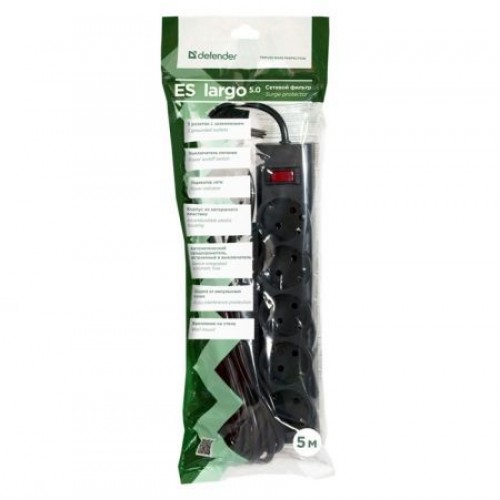 Сетевой фильтр Defender ES largo, 5 м, черный (99499)