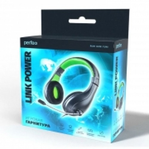 Гарнитура Perfeo LINK POWER, игровая, черно-зеленая, 2x3.5 мм 3pin + переходник 4-pin (PF_C3202)