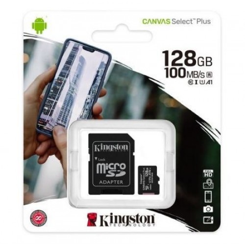 Карта памяти Micro SDXC 128Gb Kingston Class 10 Canvas Select + UHS-I U1 A1, 100 Мб/с + адаптер SD