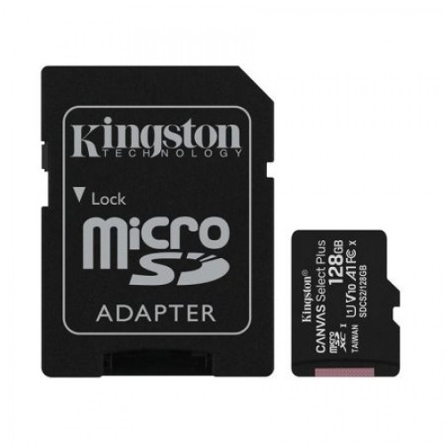 Карта памяти Micro SDXC 128Gb Kingston Class 10 Canvas Select + UHS-I U1 A1, 100 Мб/с + адаптер SD
