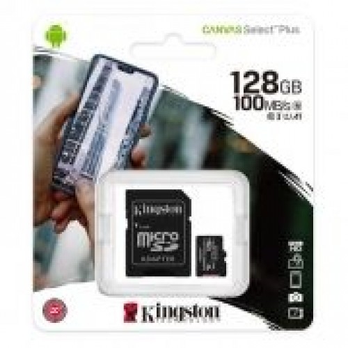 Карта памяти Micro SDXC 128Gb Kingston Class 10 Canvas Select + UHS-I U1 A1, 100 Мб/с + адаптер SD